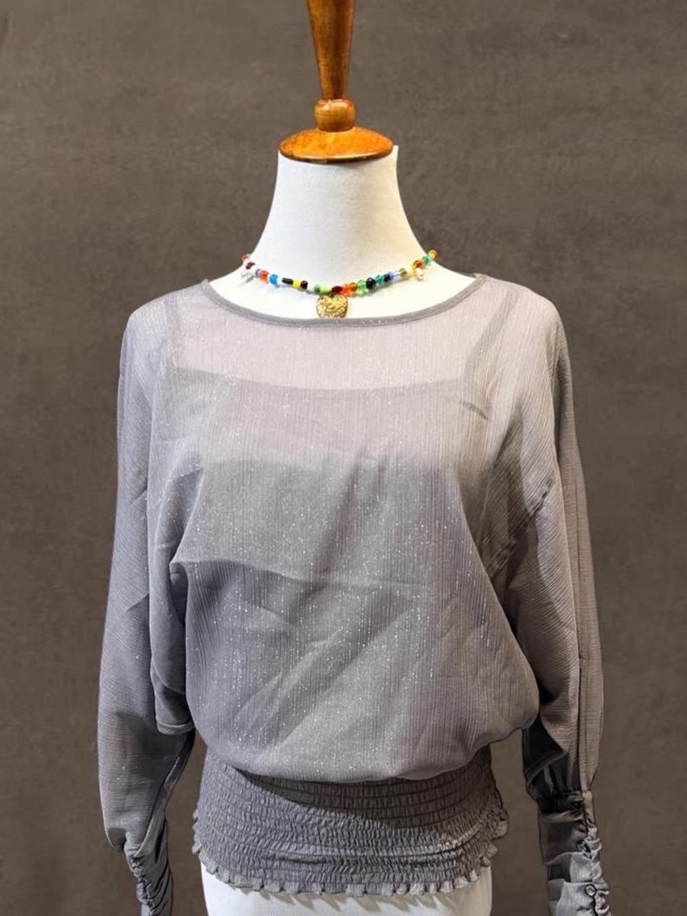 Iz Byer Shimmery Light Gray Dolman Sleeve Blouse